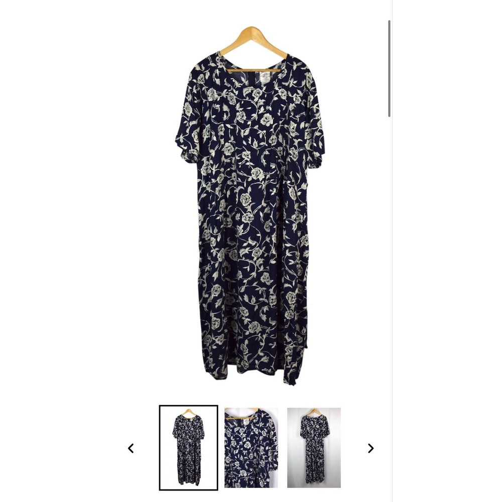 Just My Size Navy Blue White Floral Maxi Dress Short Sleeve Back Tie Cottagecore